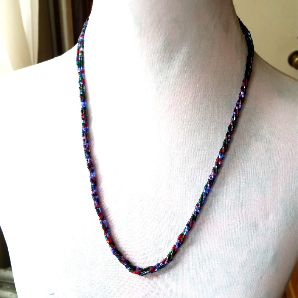 Jewel tones glass beads twist strand necklace purple red green blue silver